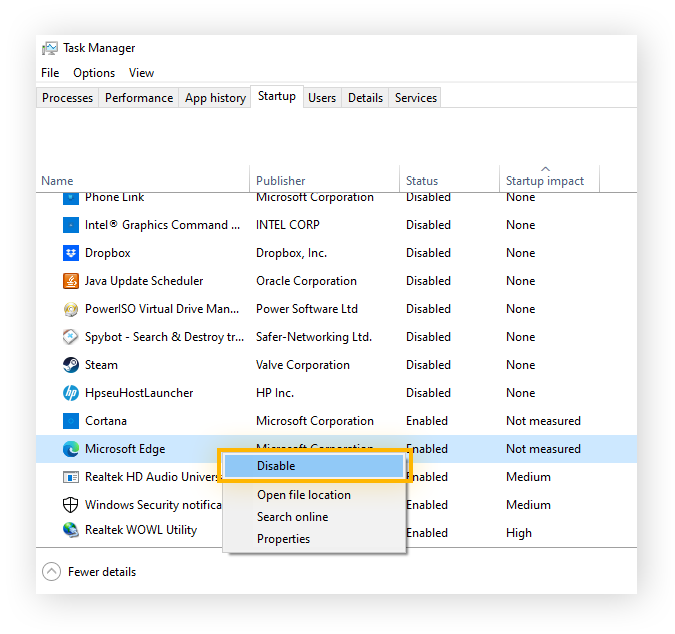 Desactivación de la ejecución de una aplicación al iniciarse el equipo en el Administrador de tareas en Windows 10.