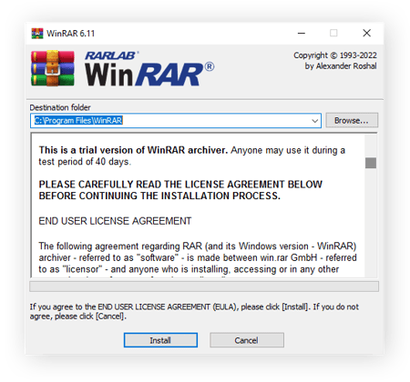 Installatievenster voor WinRAR 6.11 om het archiveringsprogramma op Windows 10 te installeren
