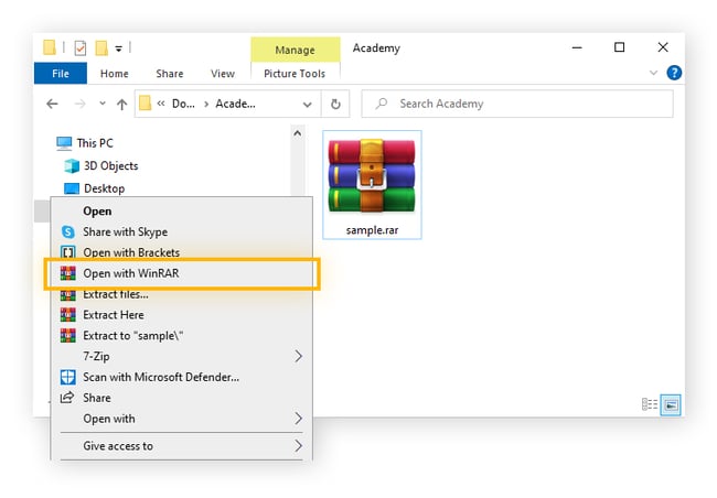 Icône RAR avec un menu Windows mis en évidence pour montrer l’option Ouvrir avec WinRAR