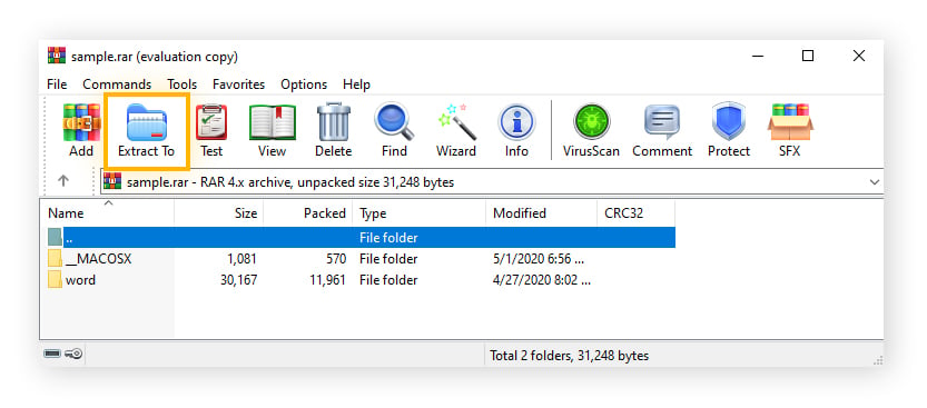 Écran de l’application WinRAR avec un fichier .rar ouvert et le bouton Extraire vers mis en évidence