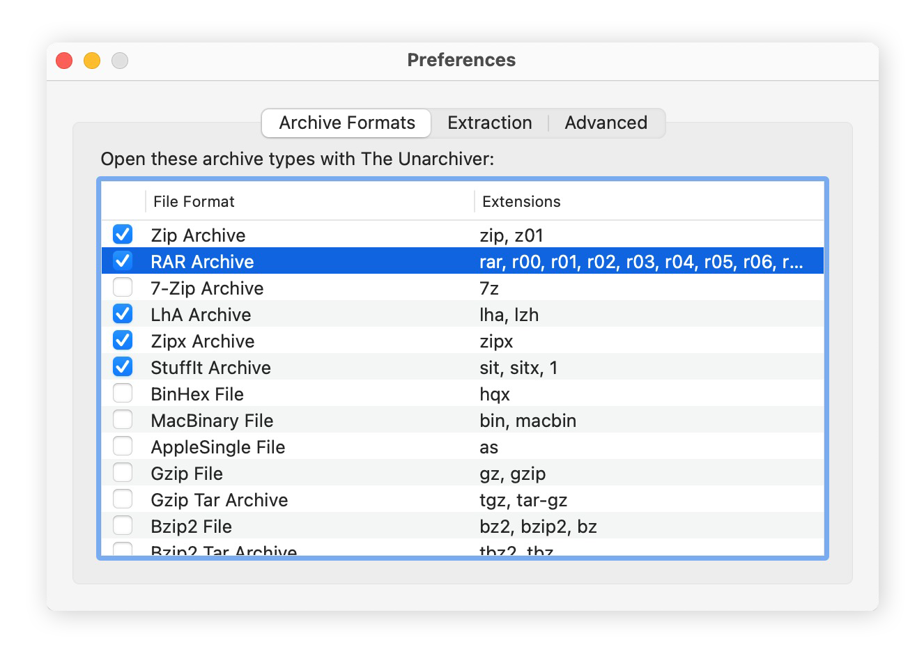 Het voorkeurenvenster voor The Unarchiver op Mac met de extractieoptie 'RAR-archief' geselecteerd