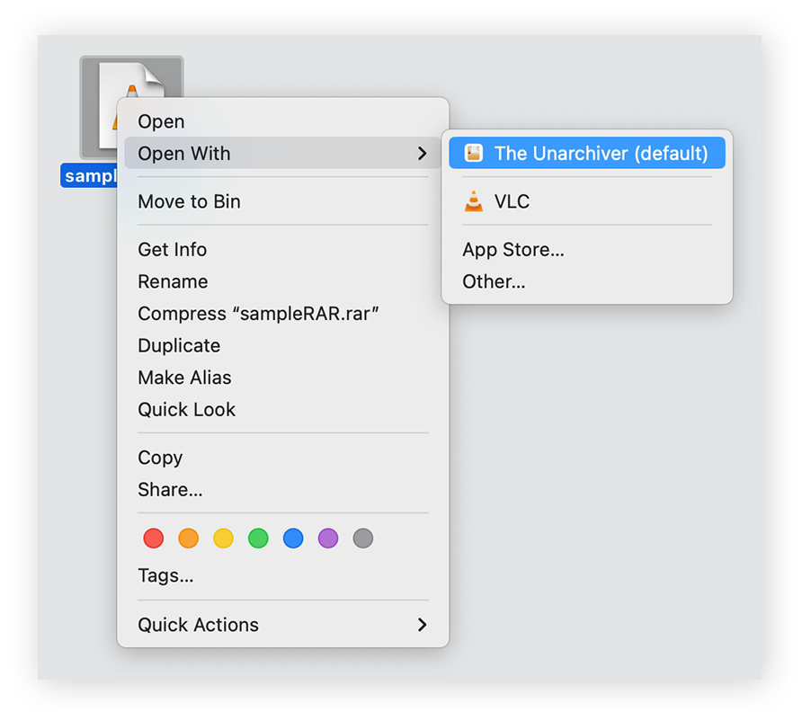  Um arquivo RAR com o menu do botão direito do mouse aberto e "Open With" (Abrir com) e, em seguida, "The Unarchiver" destacado