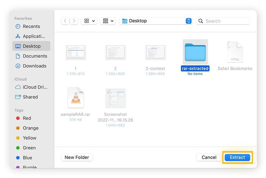 File directory view on Mac showing where a RAR file will be extracted