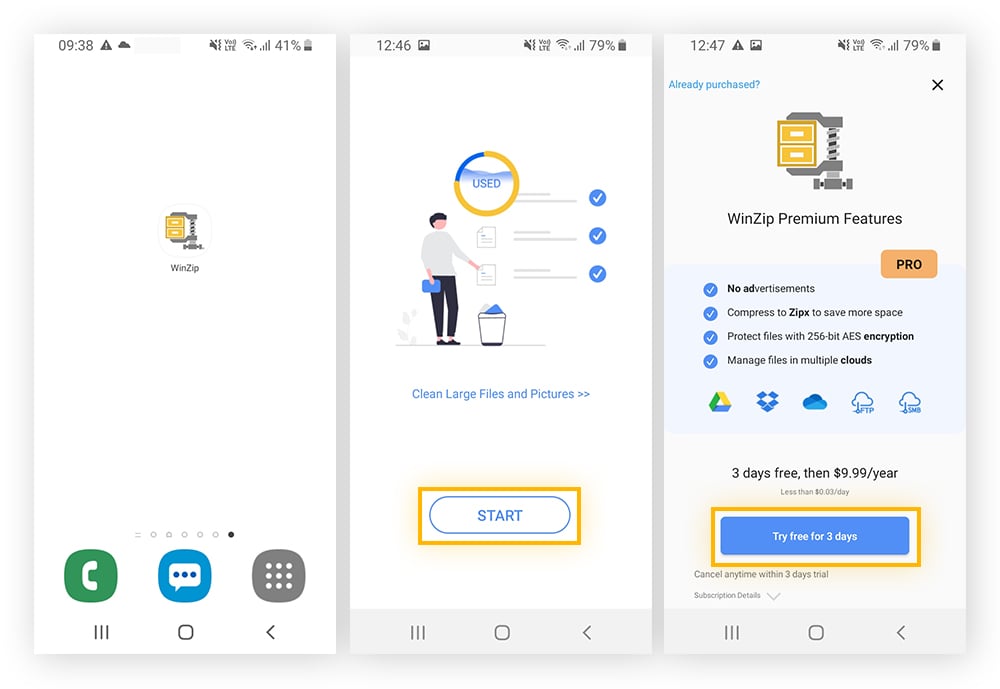 Três telas Android do aplicativo WinZip mostrando o menu do aplicativo, o botão Iniciar e um botão “Try free for 3 days” (Teste grátis por 3 dias)