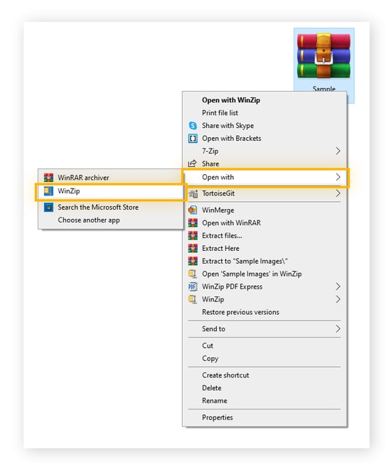 Un fichier .rar avec le menu contextuel ouvert et les options WinZip et « Ouvrir avec » mises en évidence