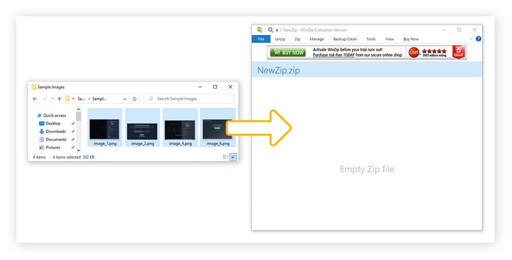 PC-Bildschirm mit markierten Dateien in einem Verzeichnis und einem Pfeil, der auf eine WinZip-Datei zeigt