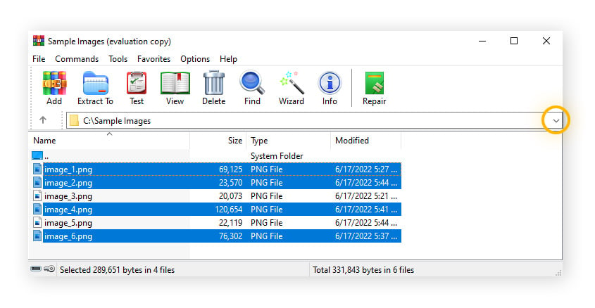 Schermata di WinRar che mostra i file evidenziati che sono stati selezionati per la compressione in un file RAR
