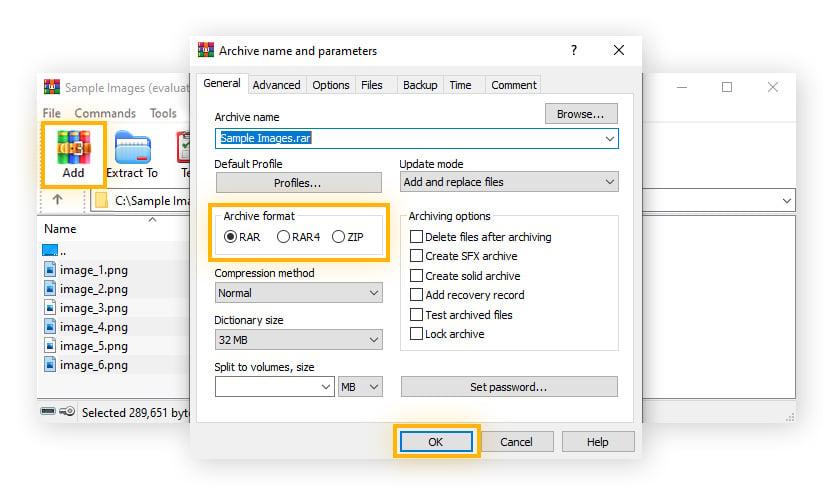 Tela do WinZip com “Add” (Adicionar) destacado e as configurações de compactação com "Archive format" (Formato de arquivo) e "OK" destacados