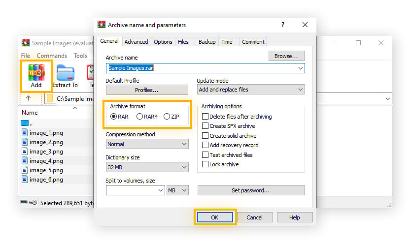 WinZip screen with "Add" highlighted and the compression settings with "Archive format" and "OK" highlighted