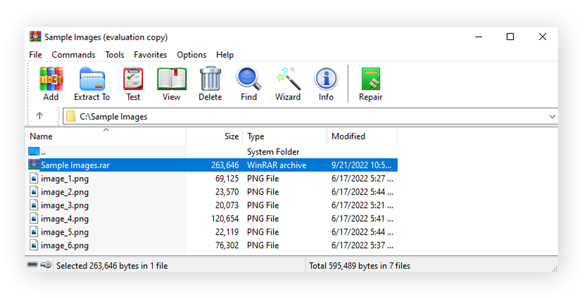WinZip toont een bestandsmap met een nieuw RAR-bestand gemarkeerd