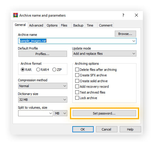 Configurações de compactação de tela do WinZip com o botão “Set password” (Definir senha) destacado