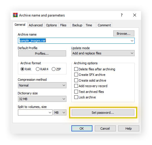 WinZip screen compression settings with "Set password" button highlighted