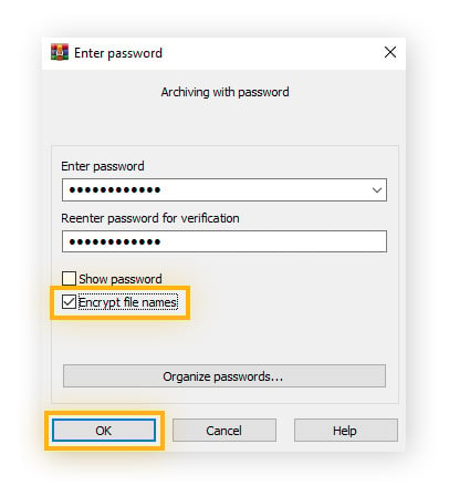 WinRAR-Fenster zum Festlegen eines Passworts, in dem das Kontrollkästchen „Dateinamen verschlüsseln“ und „OK“ hervorgehoben sind
