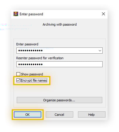 A WinRAR window for setting a password with the "Encrypt file names" tickbox and "OK" highlighted