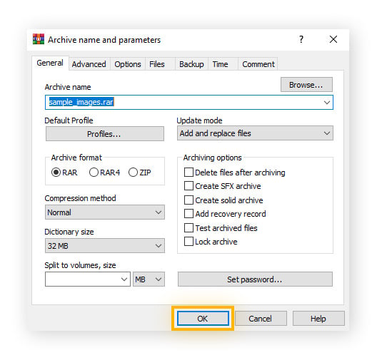 Le menu des paramètres de compression de WinRAR avec l’option OK mise en évidence