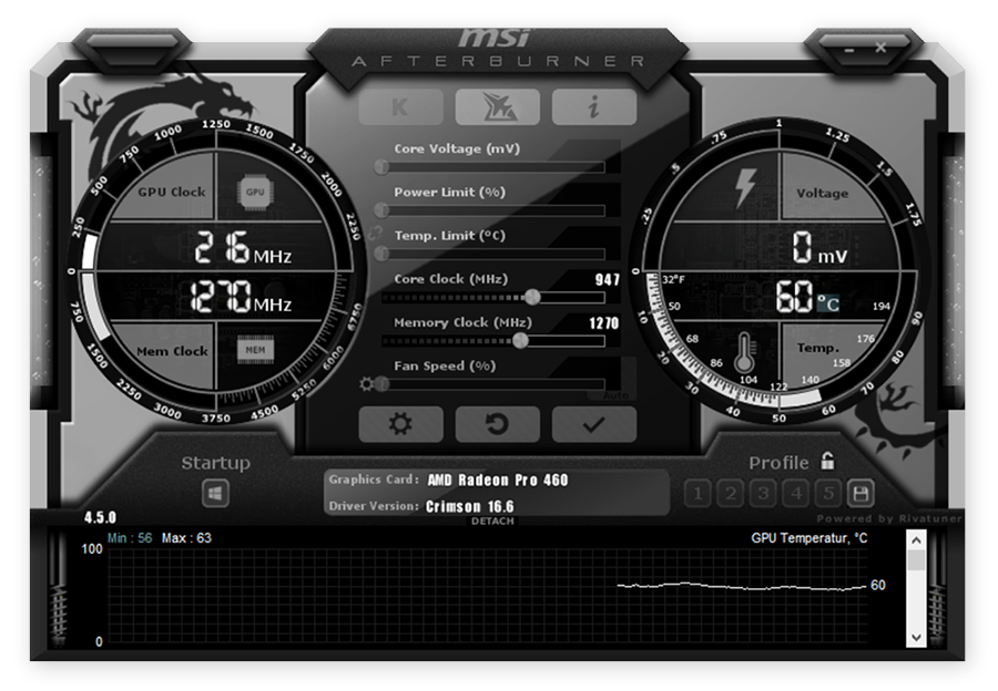 UI do MSI Afterburner para ajudar a fazer o overclock da GPU.