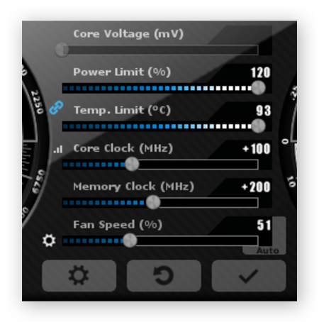 Aumentando as configurações de limite de energia da placa de vídeo no MSI Afterburner.