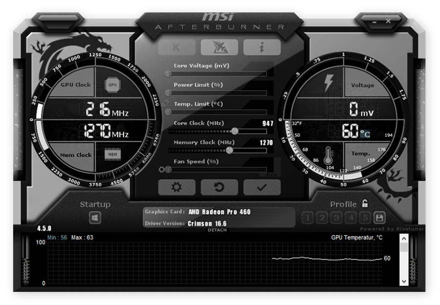 Captura de pantalla de Afterburner, el software para aumentar la frecuencia del reloj de MSI.