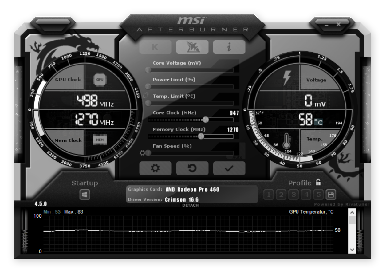 The main dashboard for MSI Afterburner used for GPU overclocking.