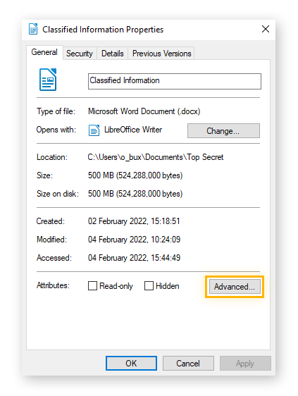 The Windows Properties menu for a file or folder
