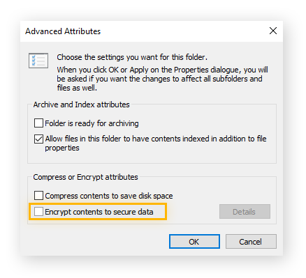 Criptaggio di un file nel menu Proprietà di Windows