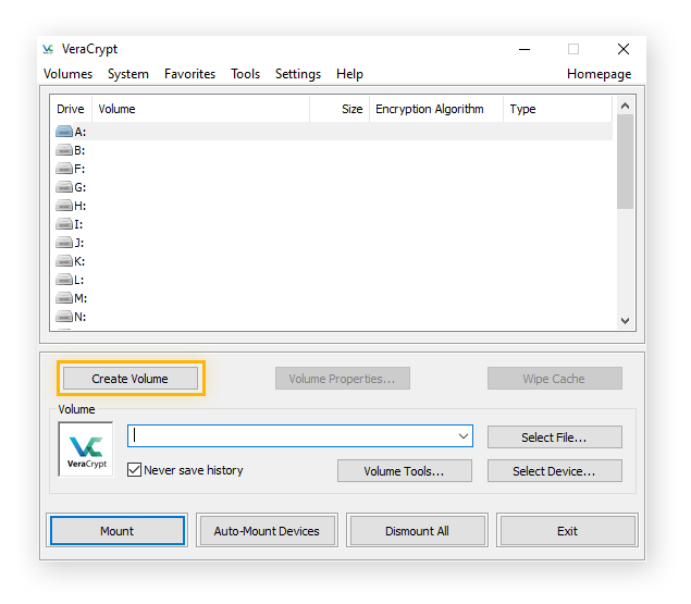 Creating an encrypted archive known as a volume in VeraCrypt