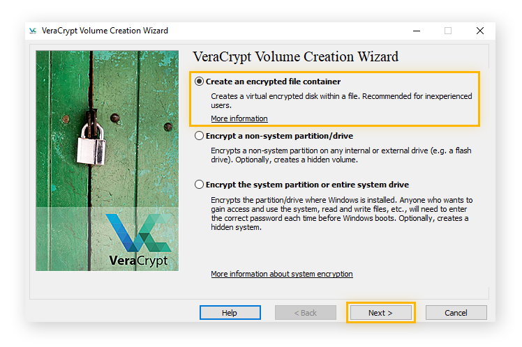 Creating an encrypted file container in Veracrypt