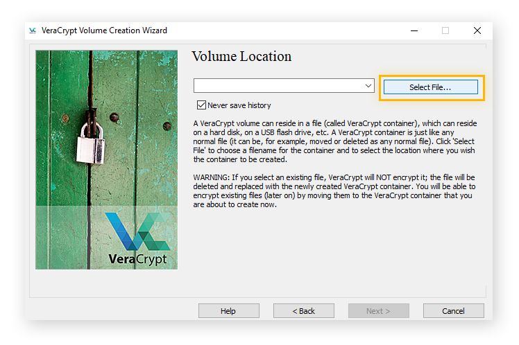 Selecting a volume location in VeraCrypt
