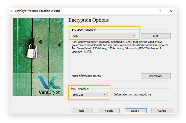 Selecionando um método de criptografia no VeraCrypt