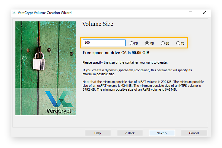 Selecting the volume size in VeraCrypt