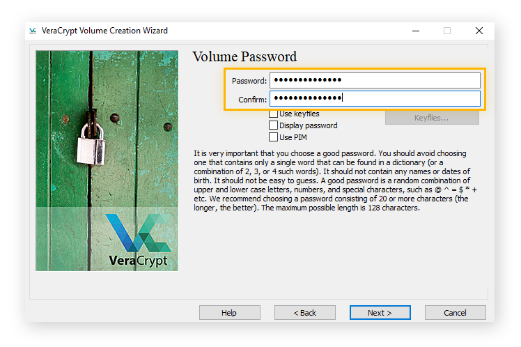 Setting a file encryption password in VeraCrypt