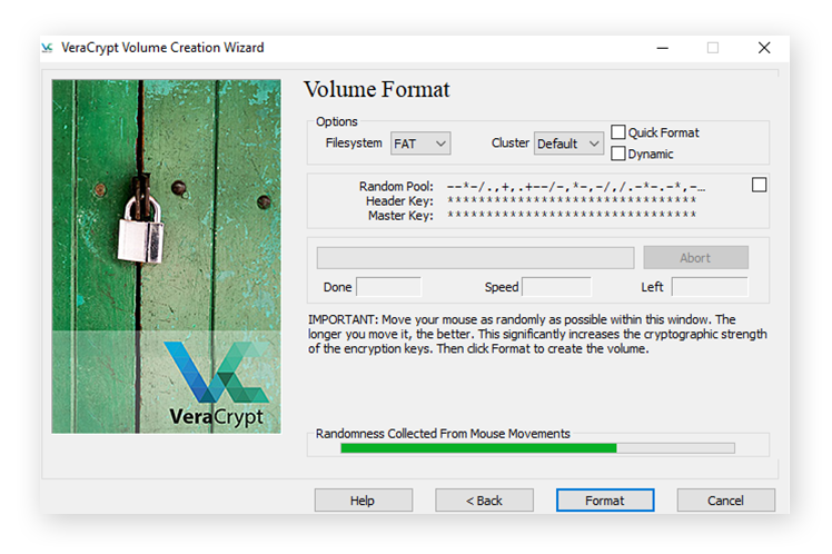 Uso de movimientos aleatorios del ratón para crear un certificado de cifrado en VeraCrypt