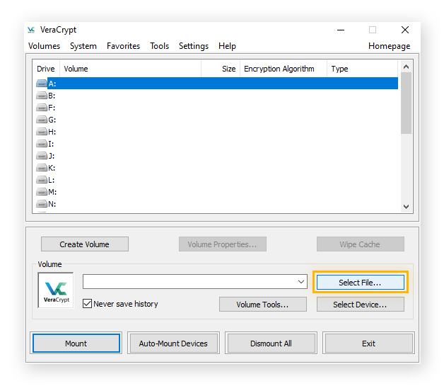 Selecting a volume to mount in VeraCrypt