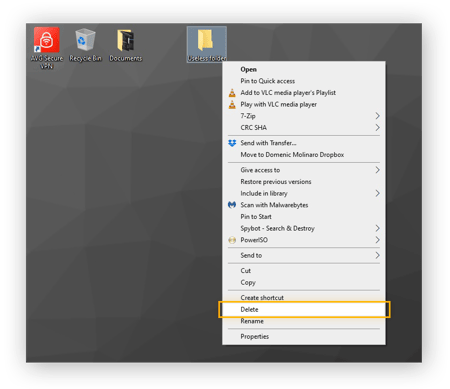 Navegando para “Excluir” no menu do botão direito do mouse no Windows 10