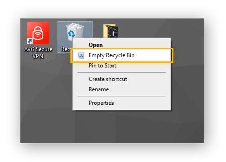 Navegando para “Esvaziar Lixeira” no menu do botão direito do mouse no Windows 10
