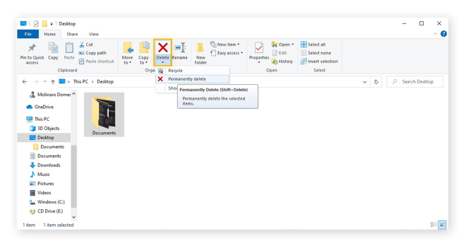 Accès à l’option Supprimer de façon définitive dans le ruban de l’Explorateur de fichiers de Windows