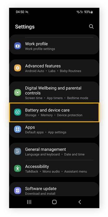 Open Android Batterij en apparaatonderhoud om het volledige batterijgebruik weer te geven.