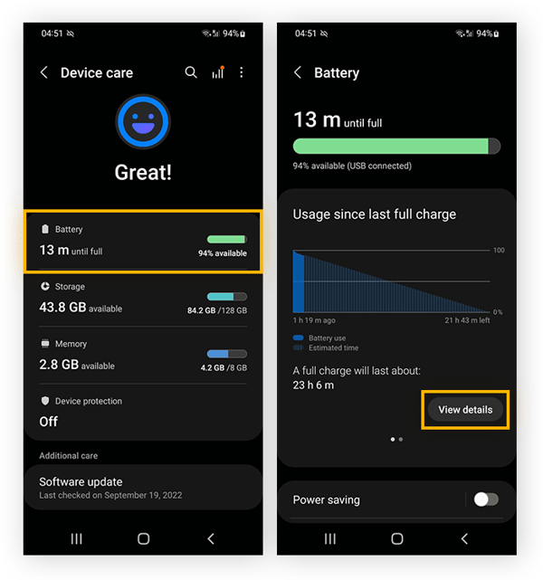 Pulse Ver detalles en los ajustes de la batería y el cuidado del dispositivo para ver el uso de la batería de su Android para cada aplicación instalada.