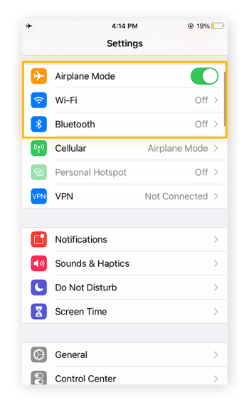A view of settings in iPhone. Airplane mode is on, and next to Wi-Fi and Bluetooth is shown "off."
