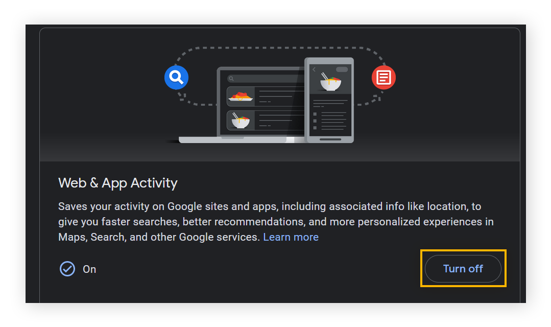 Configurações da Atividade na web e de apps no Google. O botão “Desligar” está marcado.