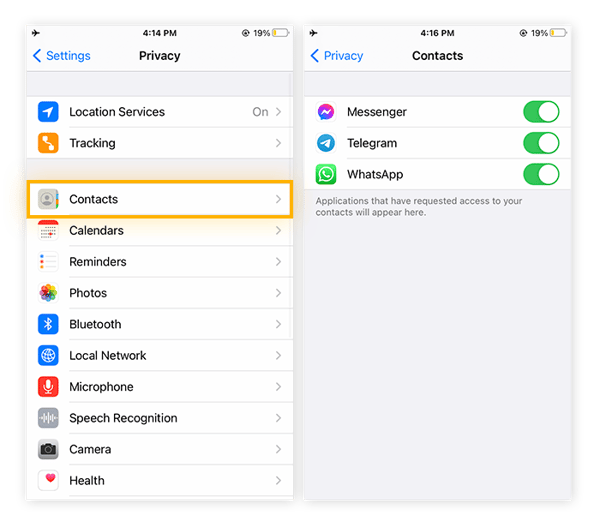 iPhone mostrando quais aplicativos têm acesso aos Contatos. Messenger, Telegram e WhatsApp têm acesso.