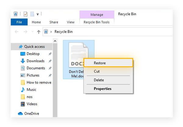 Restoring a file from the Recycle Bin in Windows 10