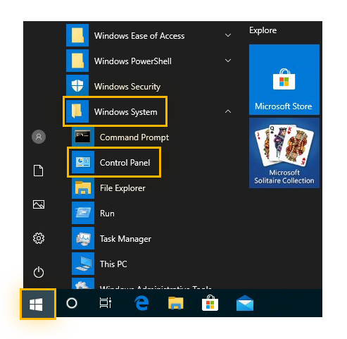 Opening the Control Panel from the Windows menu in Windows 10
