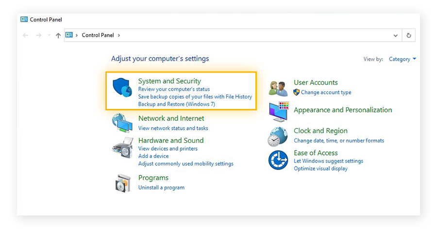 The Control Panel in Windows 10 with the System and Security section highlighted.