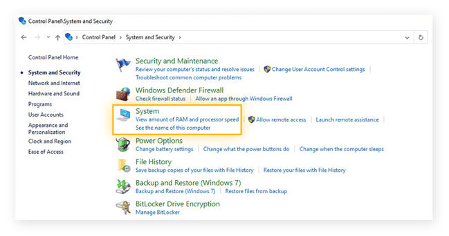 The System and Security menu within the Control Panel of Windows 10