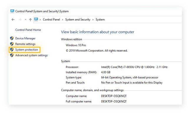 The System menu within the System and Security settings in Windows 10