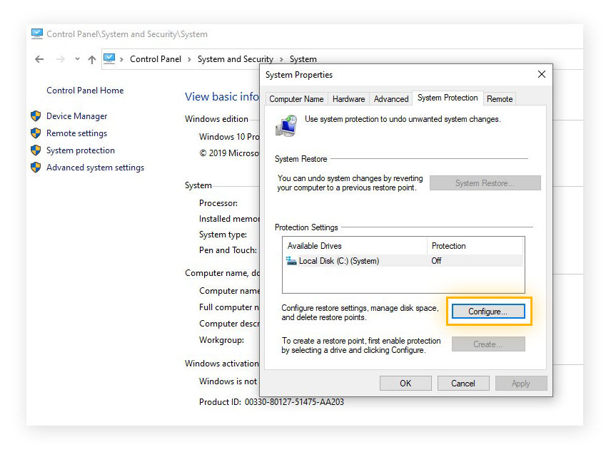 The System Properties menu in Windows 10 where you can activate System Restore