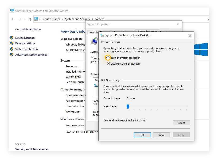 Turning on system protection in Windows 10