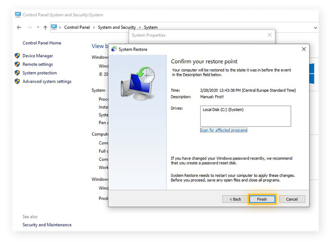Confirming a System Restore in Windows 10