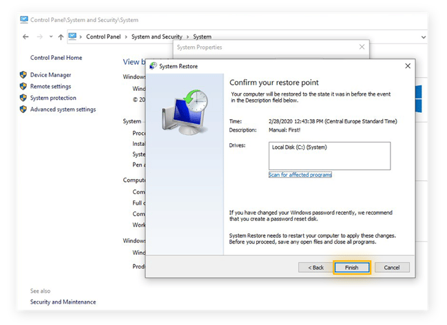 Confirming a System Restore in Windows 10